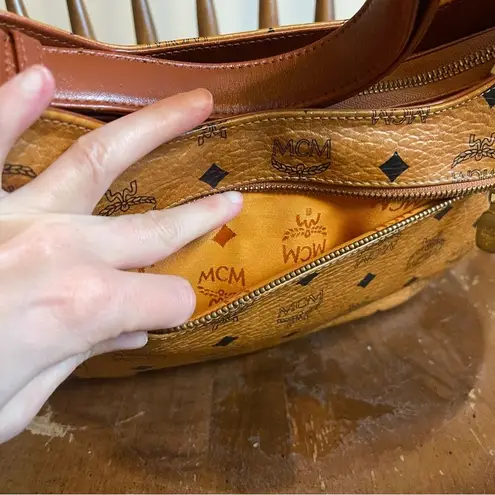 MCM Cognac Visetos Coated Canvas Shoulder Bag Leather Monogram Gold Vintage
