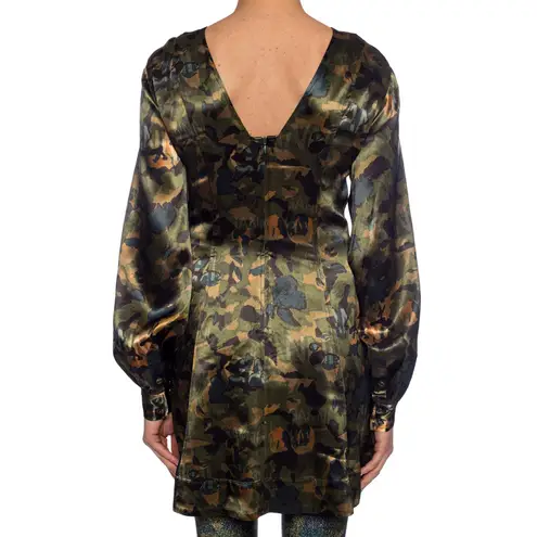 Ganni Satin Green Camo Print Long Sleeve A-Line Mini Dress