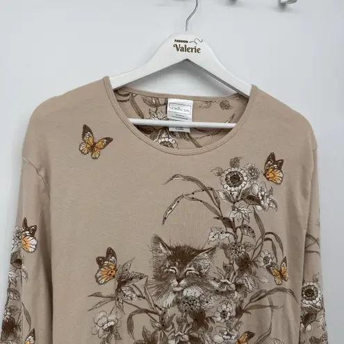 Morning Sun Beige Brown Cat 3/4 Sleeve Top Tee Cotton Kitty Kitten XL