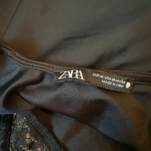 ZARA  Womens Black Satin Lace Bodysuit V-Neck Tank Top Sexy Boudoir Size Medium