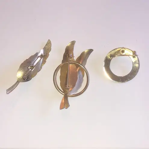 Lot of 3 Vintage Gold Tone Faux Pearl Leaves & Round Brooch Shoulder Pins