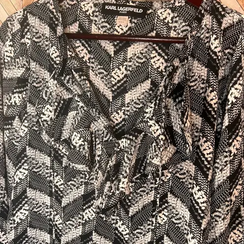 Karl Lagerfeld Karl Lagerfield Paris Tie Front Ruffle Long Sleeve Blouse Black White Medium
