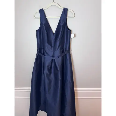 Alfred Sung Midnight Blue V Neck High Low Sleeveless Belted Satin Gown D723S 14R