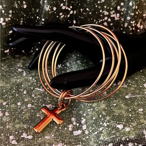14K Gold Over Resin Linked 5pc Bangle Bracelets / Cross Charm