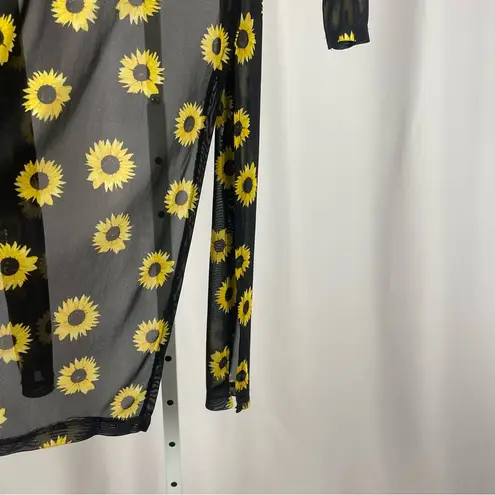 NYC Small Sheer Sunflower Mesh Kimono Beach Coverup Boho Summer Longline Black