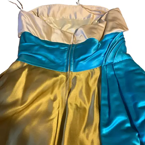 VINTAGE CIRCA 1960 CREAM, GOLD & TURQUOISE STRAPLESS SATIN FORMAL DRESS (XS) Blue