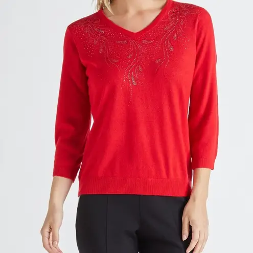 Cathy Daniels C. D. Daniels | Red Embellished Sweater 3/4 Sleeve Sparkle 1X