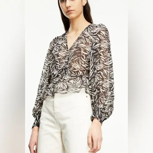 The Kooples Flowing Black and White Zebra Print Sheer V Neck Blouse Size Medium