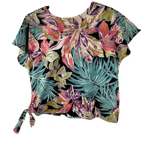 Hilo Hattie Vintage Floral Tropical Hawaiian Tie Waist Blouse Size Medium