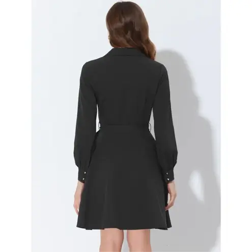 Allegra K NWT Elegant Notched Lapel Collar Tie Waist Long Sleeve Shirt Dress - M