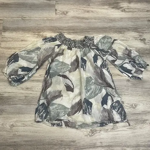 Please Tan Purple Blue Green Lightweight 3/4 Sleeve Drawstring Bottom Medium