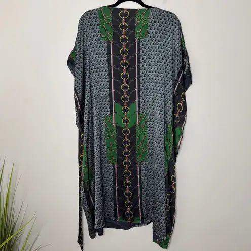 Japanese Brand Silk Blend Chain Print Dress Belted Green Black Short Sleeve XL