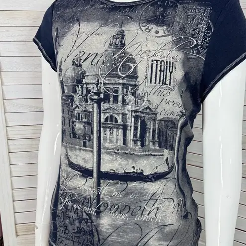 Blue Canyon Y2K Venice Italy Graphic Print Cap Sleeve Tee Shirt Blue Small