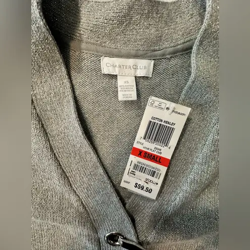 Charter Club Women's Metallic Cotton Henley Gray Silver Sweater Sparkly XS New