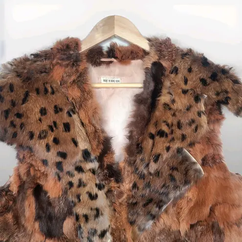 Vintage Women's Large Genuine Rabbit Fur Patchwork Boho Hippie Rustic Vest Brown