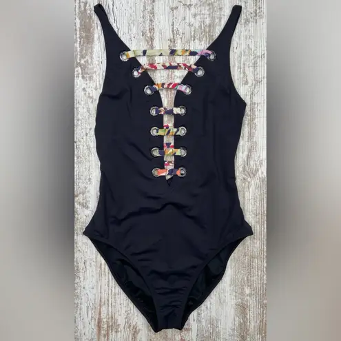 Bleu Rod Beattie Party Animal Lace-Up One-Piece Swimsuit sz 4 black EUC!