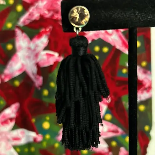Black Tiered Tassel Fringe Drop Earrings with Crystal Rhinestone Button Posts