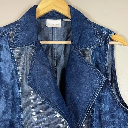 Chico’s Sequin Moto Denim Vest Blue Size M