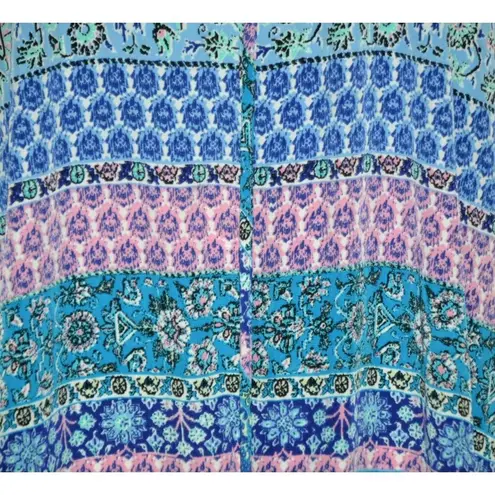 Liberty Love Blue Floral Cardigan Kimono Jacket Size L Long Fringe Festival Boho