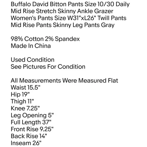 Buffalo David Bitton Pants Size 10/30 Daily Mid Rise Stretch Skinny Ankle Grazer