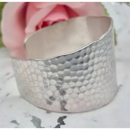 None Brushed Silver Tone Hammered Wide Cuff Bracelet Brutalist Statement Piece