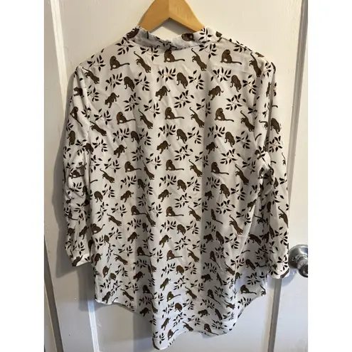 Jaclyn Smith Collection White Brown Leopard Print Blouse Top Large