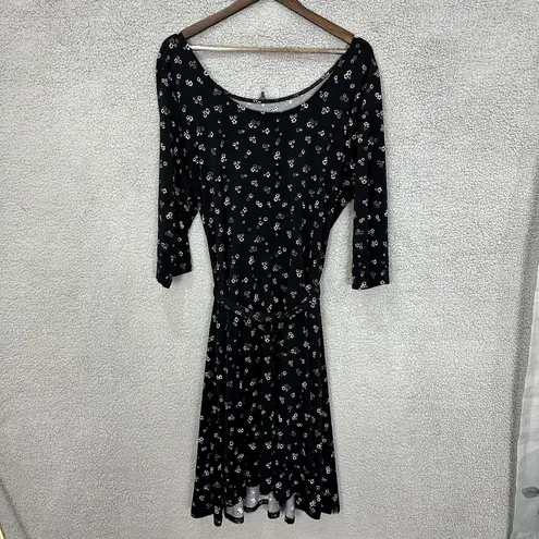 Leota Midi Dress Womens 2X Black Floral 3/4 Sleeve Belted Dainty Feminine Boho
