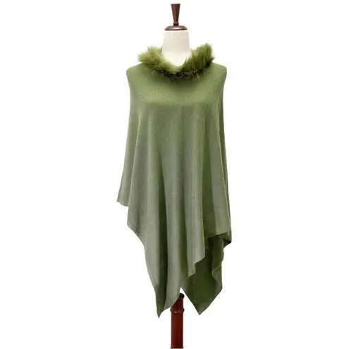 NWT La Marey 100% Cashmere Poncho Sweater Faux Fur Trim One Size Olive Green NEW