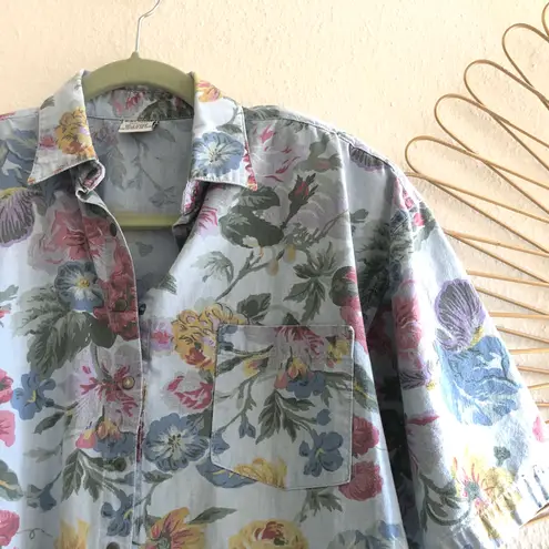 Gloria Vanderbilt Blue snap closure floral flower collared shirt short sleeve - 100% COTTON