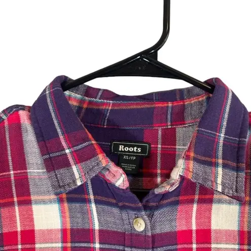 Roots Red Multicolor Plaid Cotton Long Sleeve Button Down Shirt Women Sz XS