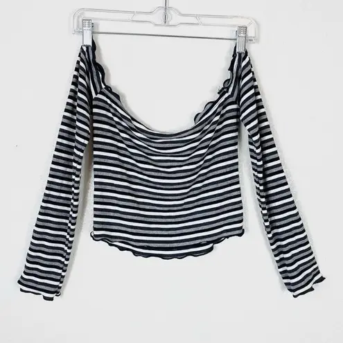 Heart & Hips Hearts & Hips Black & White Striped Off the Shoulder Long Sleeve Crop Top