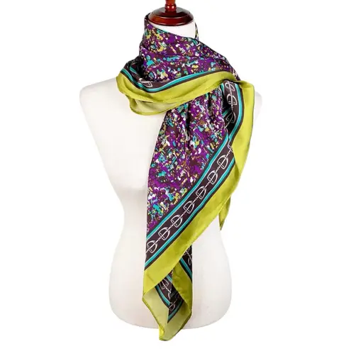 Vintage Oversized Silky Satin Square Scarf Equestrian Print Purple Green Speckle