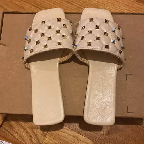 Women's Studded Sandals Flat Square Open Toe Pleather Strap Slides Slip On Shoes Gold Size 6.5