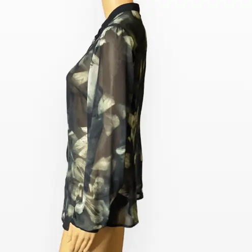 Vivienne Tam SHEER BUTTON CAREER SHIRT BLOUSE BLACK OLIVE GREEN SZ 8 LON…