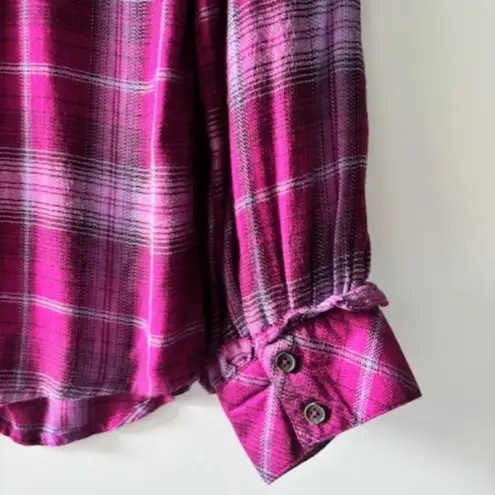 Democracy Womens Long Sleeve Ruffle Front Button Down Purple Black Plaid Shirt L