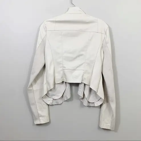 BKE Faux Leather Laser Cut Cream Cropped Open Draped Jacket