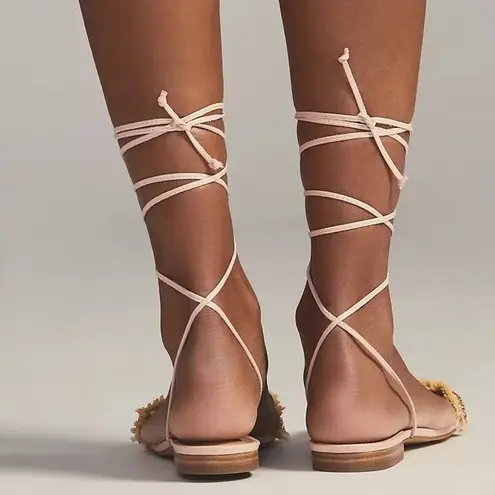 Anthropologie  Embellished Tie Up Pink/Rose Raffia Square Toe Sandals New in Box‎