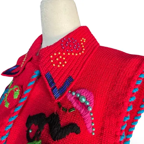 Michael Simon Bright Cherry Red Sleeveless Embroidered Cardigan Beaded Horse Size M