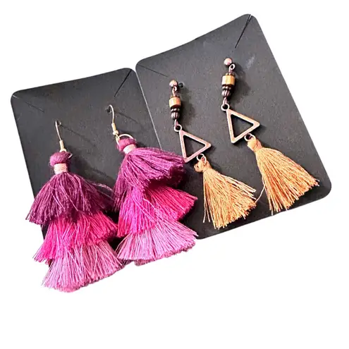 Tiered Tassel Drop Boho Earrings Ombre Pink Purple Brown Triangles Set 2 Pair