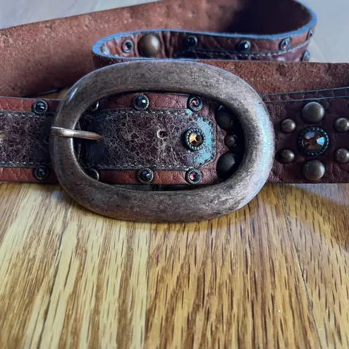 VTG Leatherock USA Brown Leather Studded Rhinestone Belt Rose Gold 31"