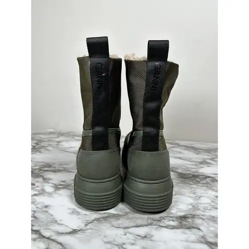 Ganni Shearling Hiking Ankle Combat Boots Size 36 New $375 Green Tubular Rubber