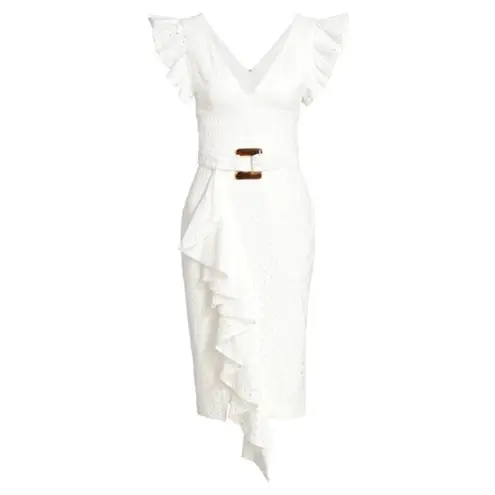 PATBO romantic ruffle sleeve Belted Eyelet Midi Dress In White sz 4