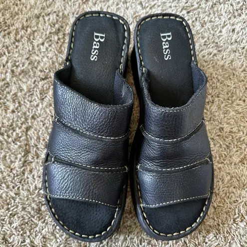 Bass Black Leather Sandals Slide Wedge Heels Womens Size 8 Y2K Chunky