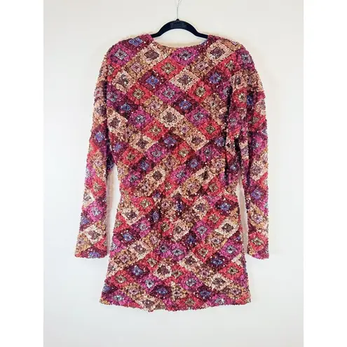 Endless Rose Women Dress Pink Mini V Neck Overall Sequin Long Sleeve Party Large