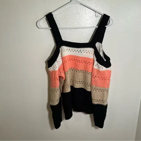 Striped Cold Shoulder Sweater Loose Knit Beige Black Peach S