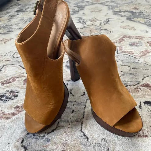 Ralph Lauren Platform Heels Sling back Peep toe Brown Leather Heels 9.5 NEW Tan