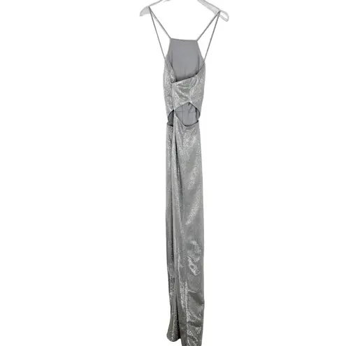 Y2k Metallic Silver Prom Dress Gown Halter Dress Cut Out