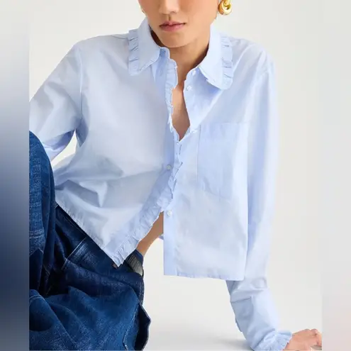 J.Crew  Ruffle Trim Button Up Shirt in Cotton Poplin Light Blue Size Small NWT