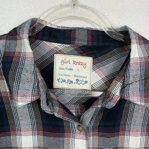 Girl Krazy GIRL CRAZY Navy & Cream Plaid Button Down Flannel Size L