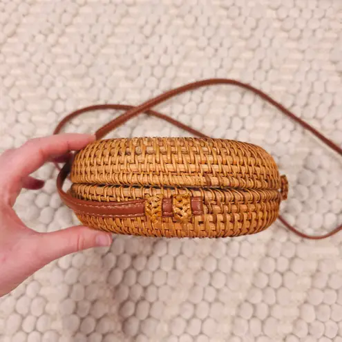 Round Rattan Crossbody Purse Natural Brown